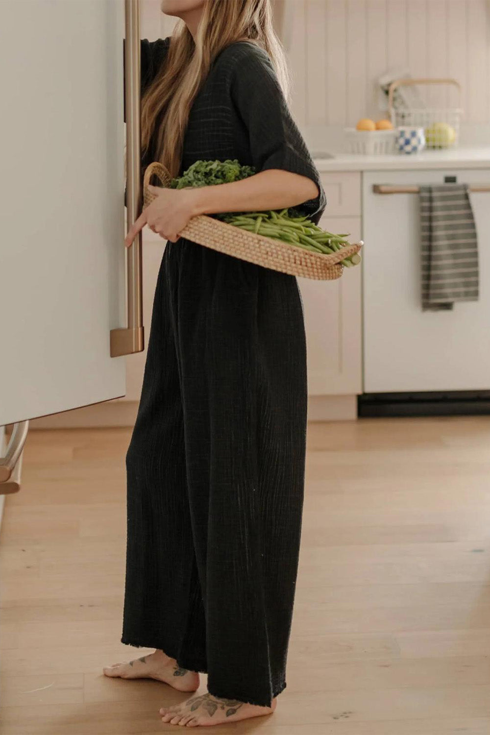 Crinkle Siyah Palazzo Pantolon