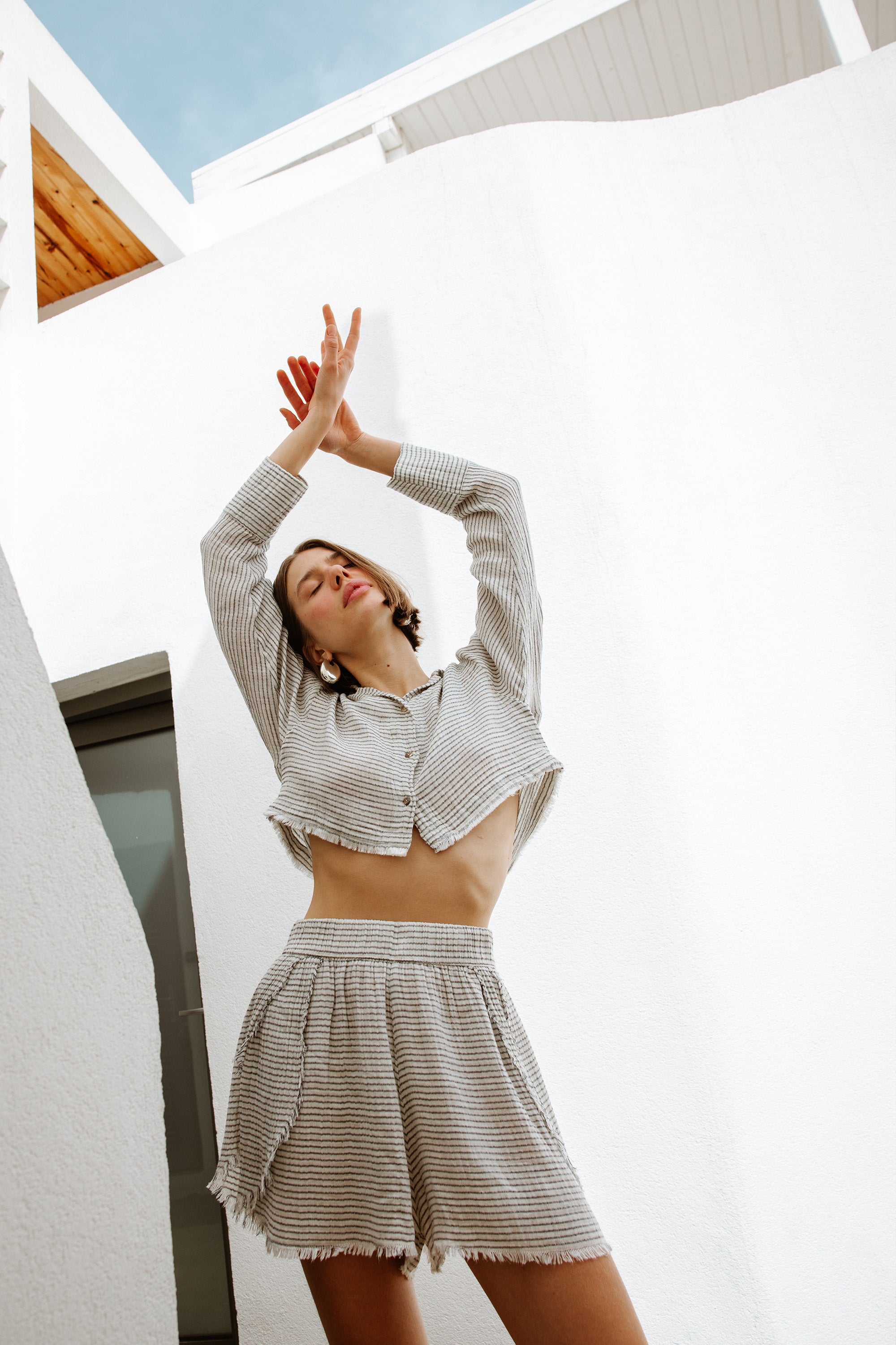 Lyocell Çizgili Mini Şort