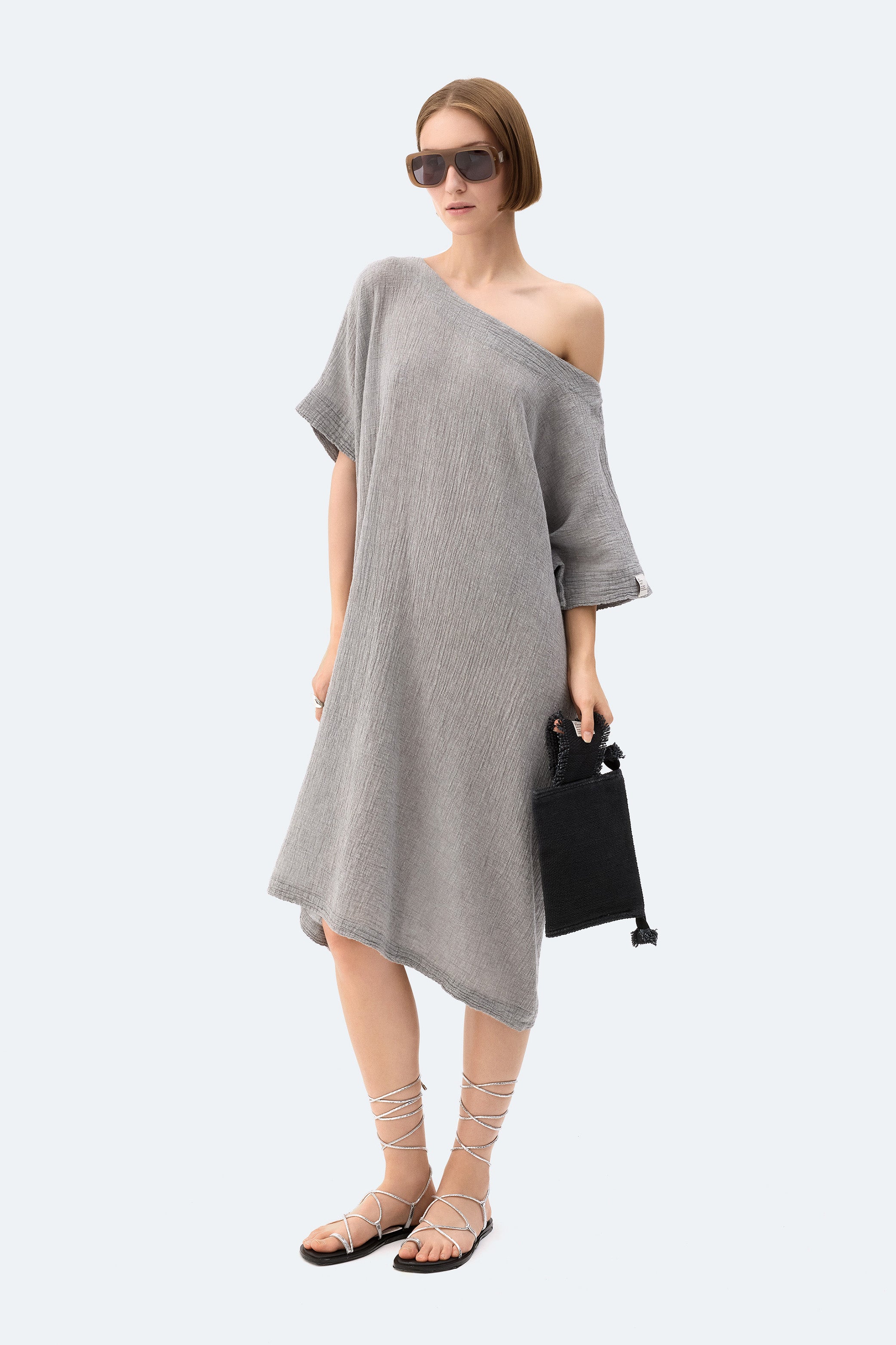 Gri Crinkle Balon Elbise