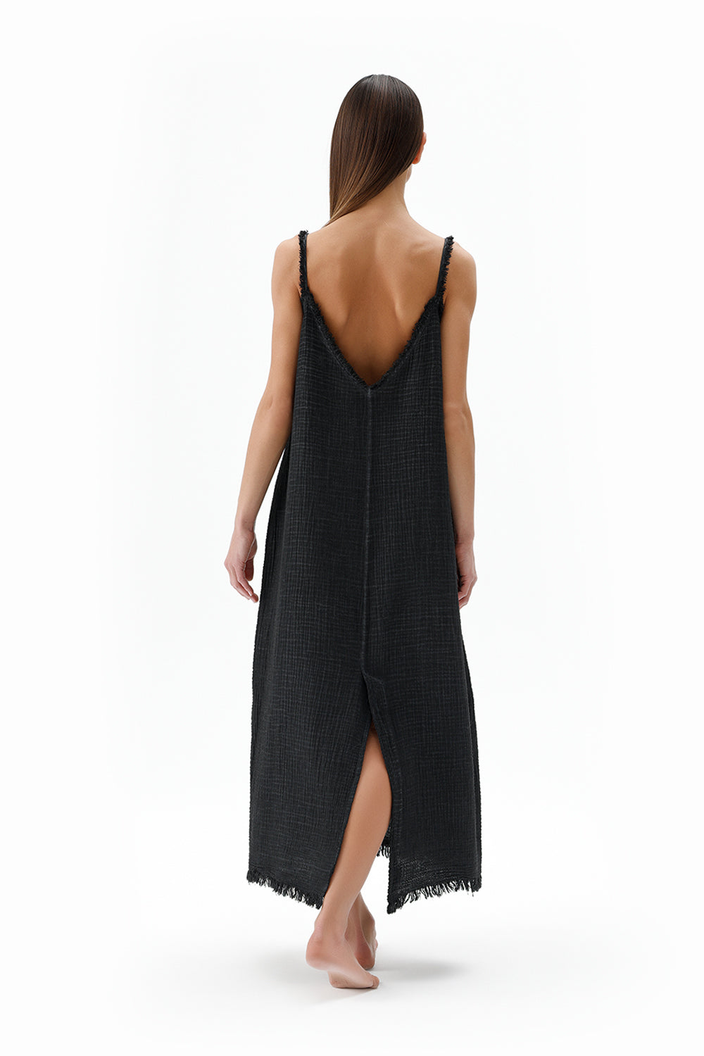 Crinkle Siyah İp Askılı Elbise