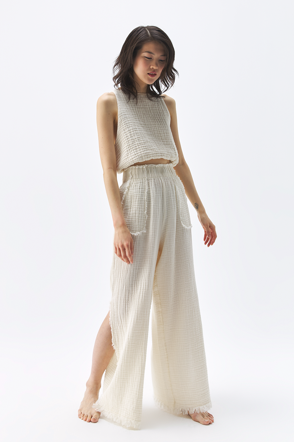 Crinkle Keten Yırtmaçlı Pantolon