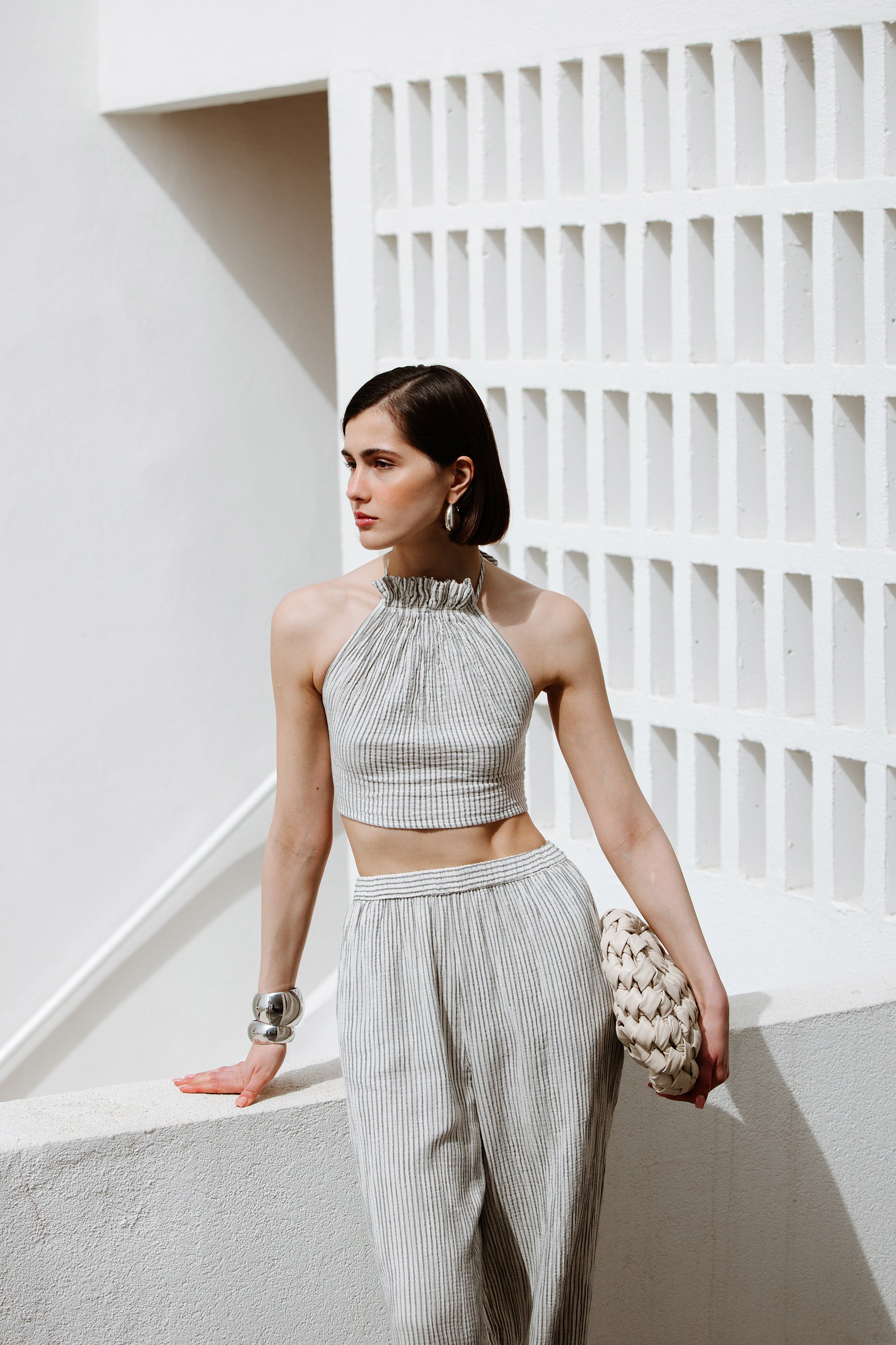 Crinkle Çizgili Halter Yaka Bluz