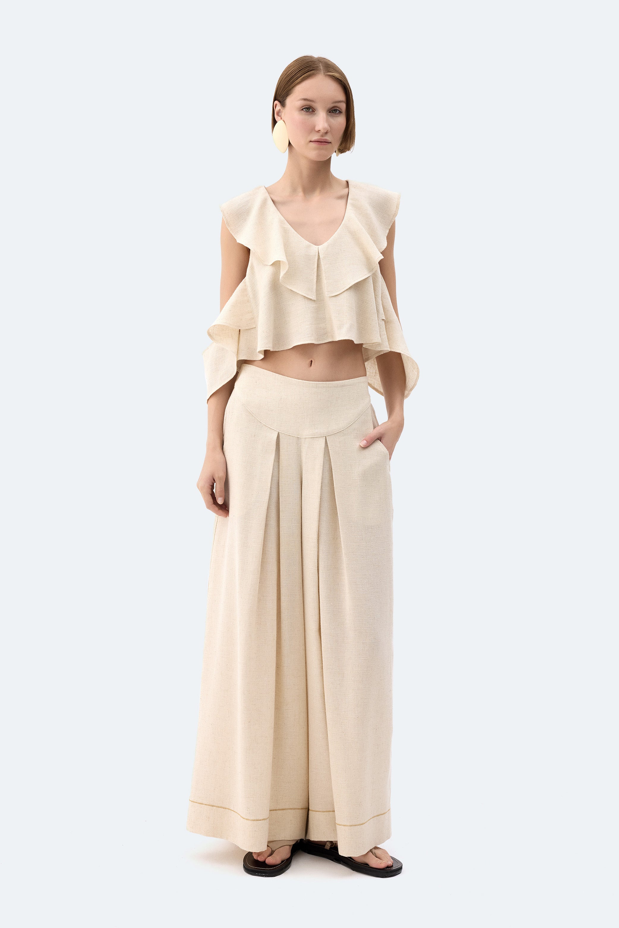 Naturel Keten Fırfırlı Bluz