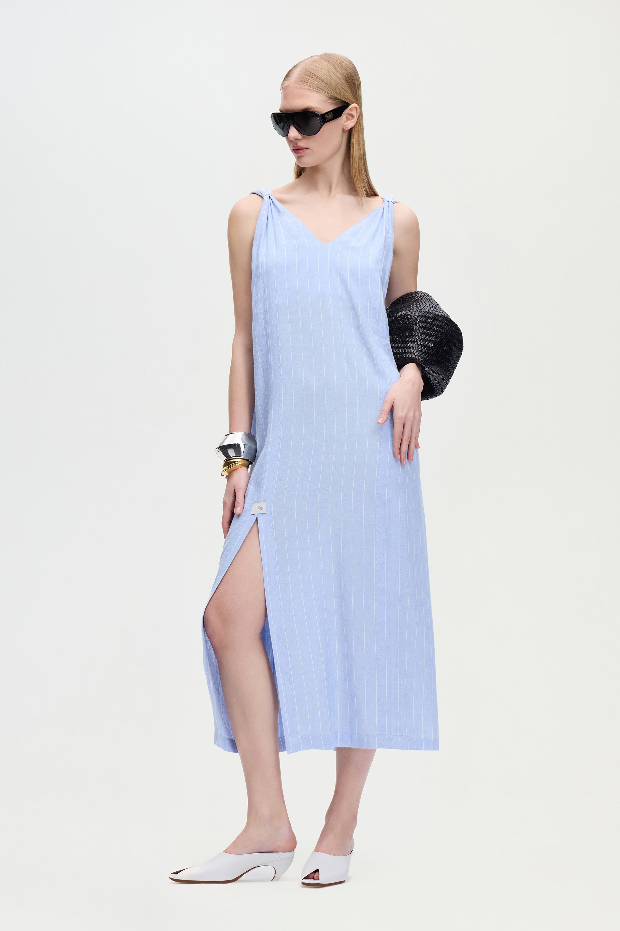 Keten Karışımlı Çizgili Elbise