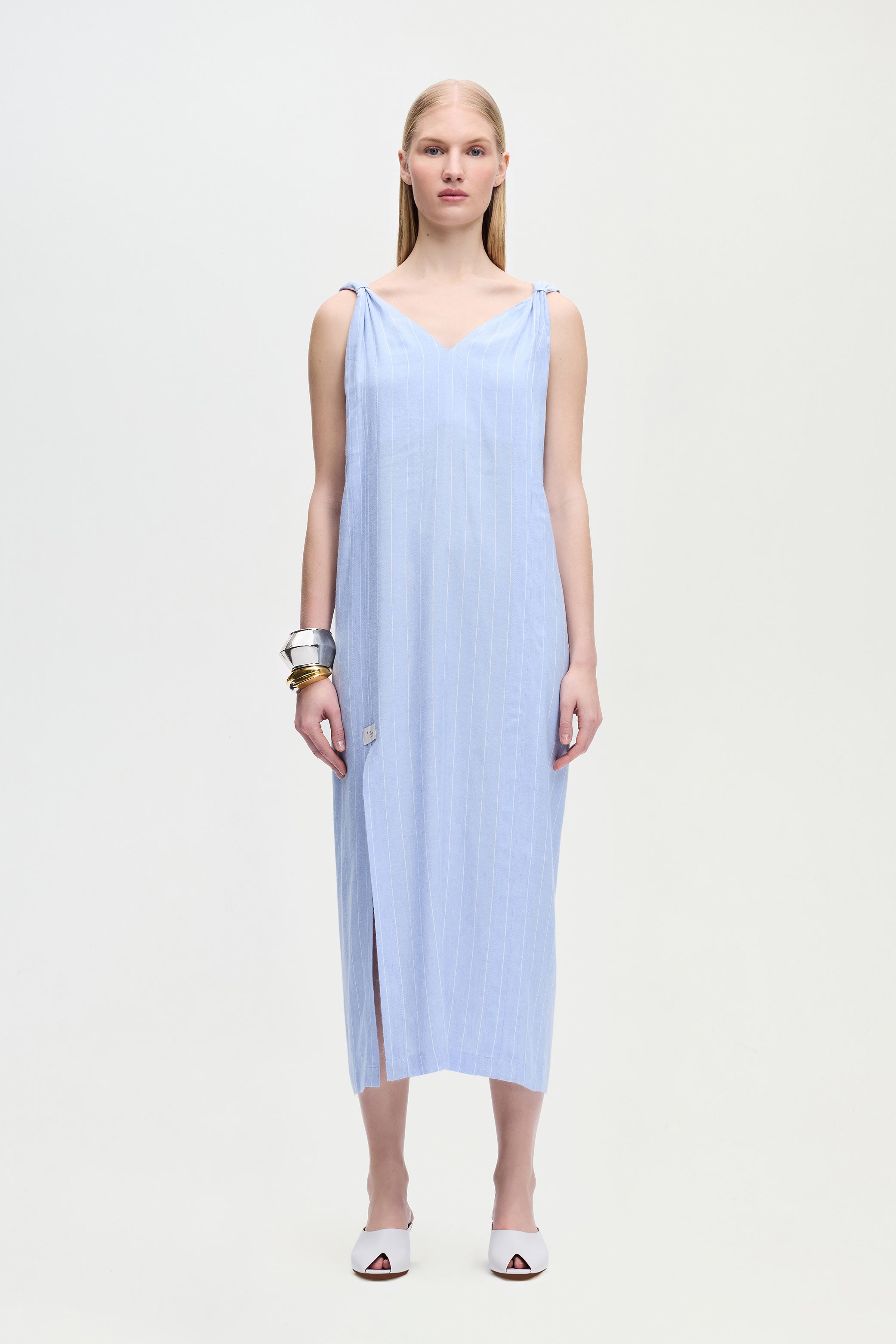 Keten Karışımlı Çizgili Elbise