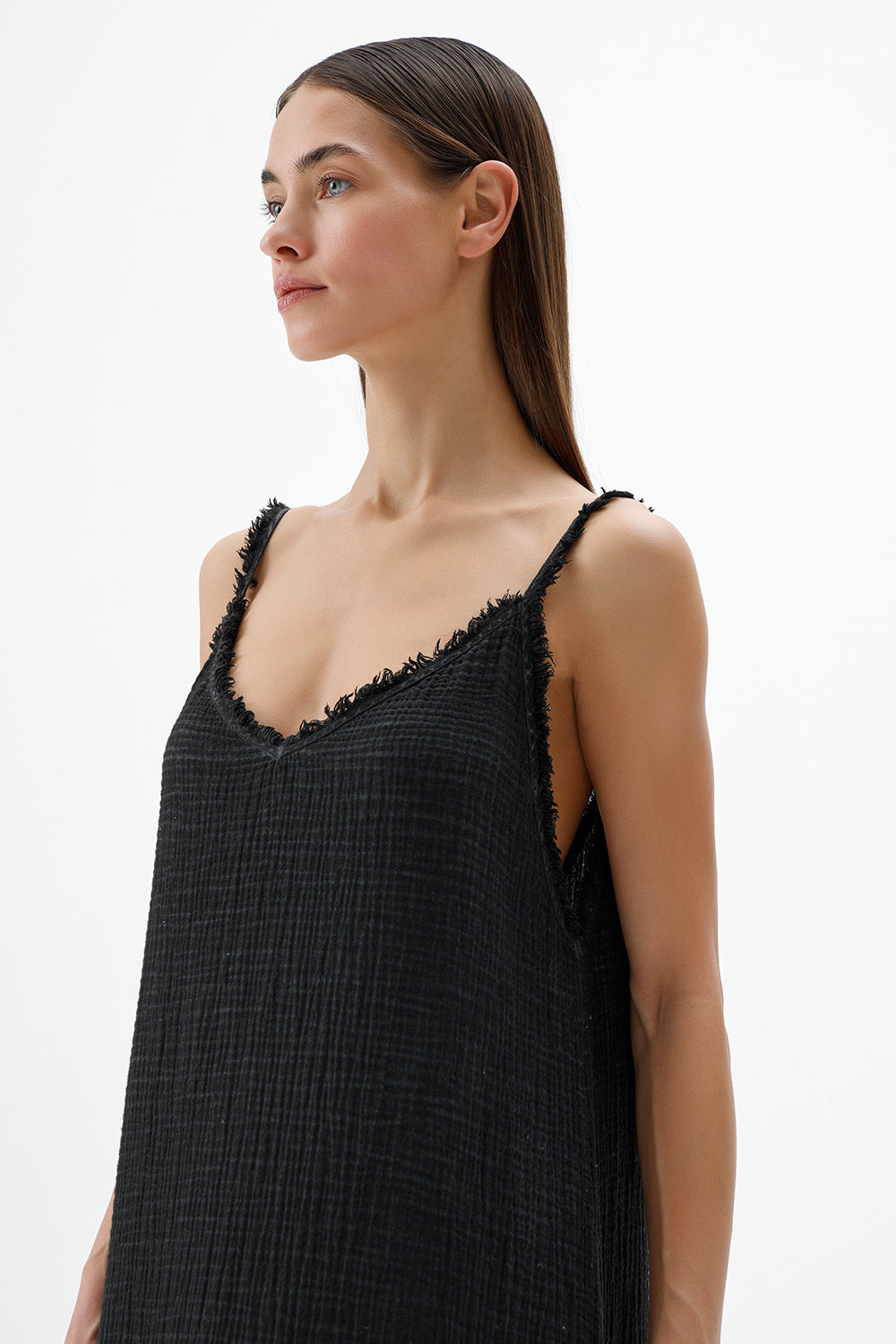 Crinkle Siyah İp Askılı Elbise