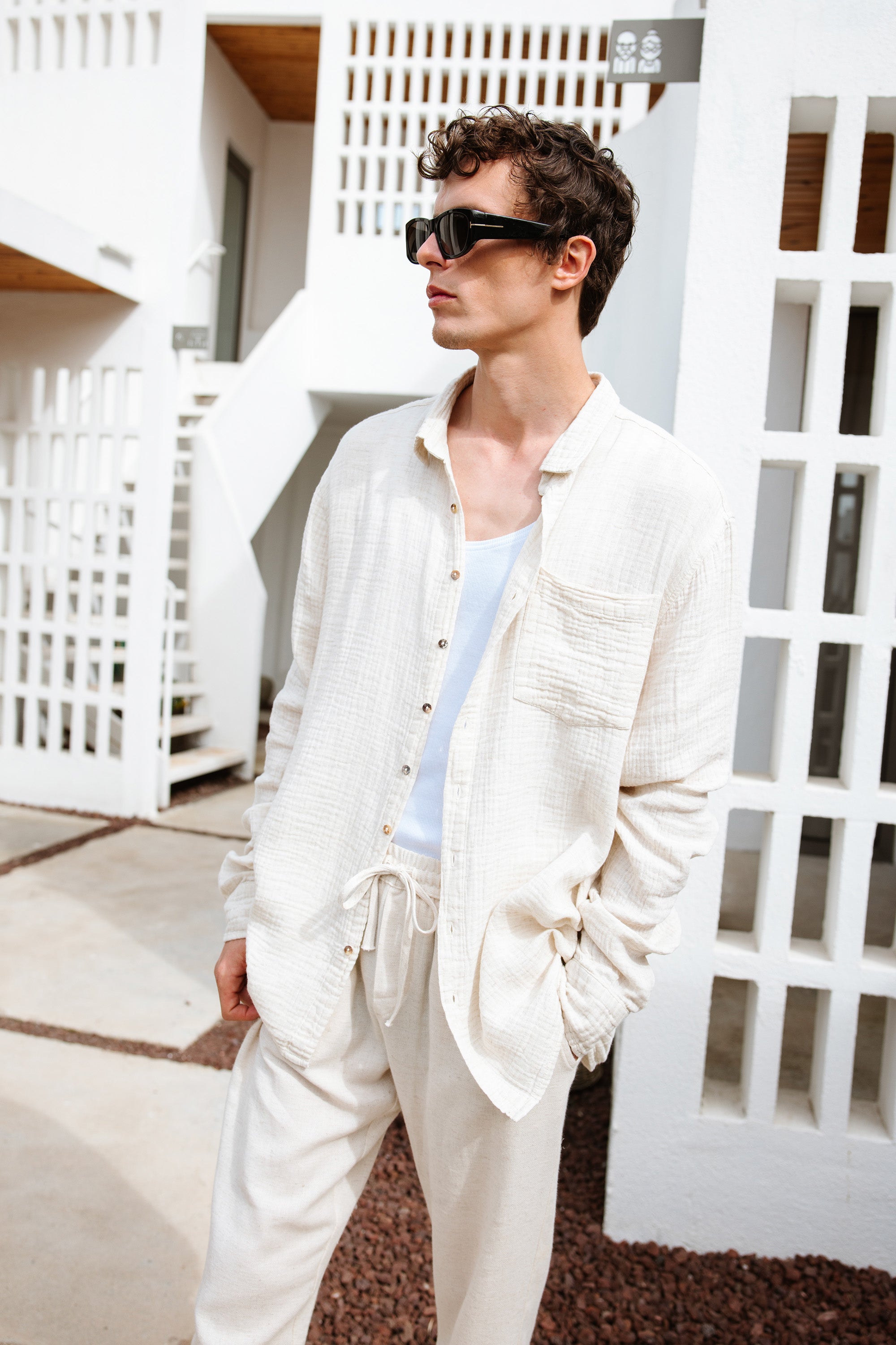 Erkek Crinkle Keten Gömlek Üst