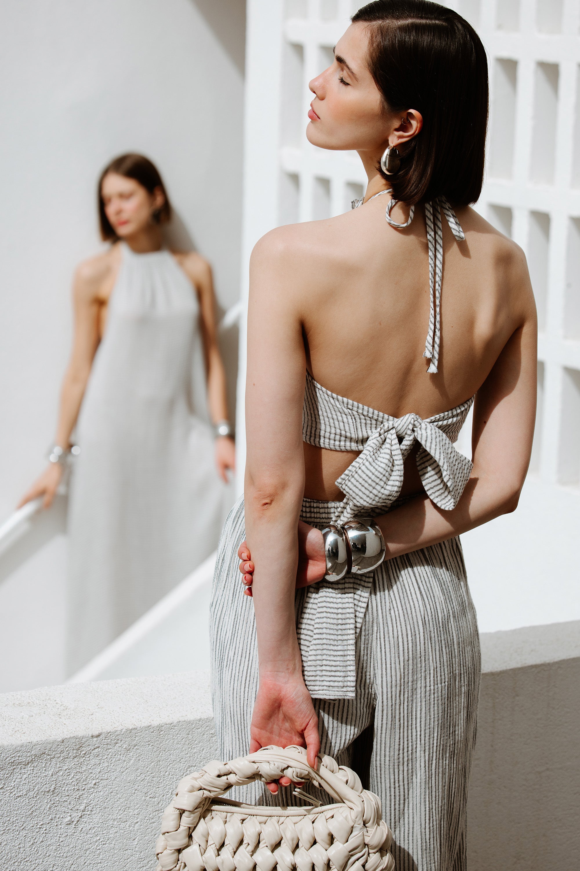 Crinkle Çizgili Halter Yaka Bluz