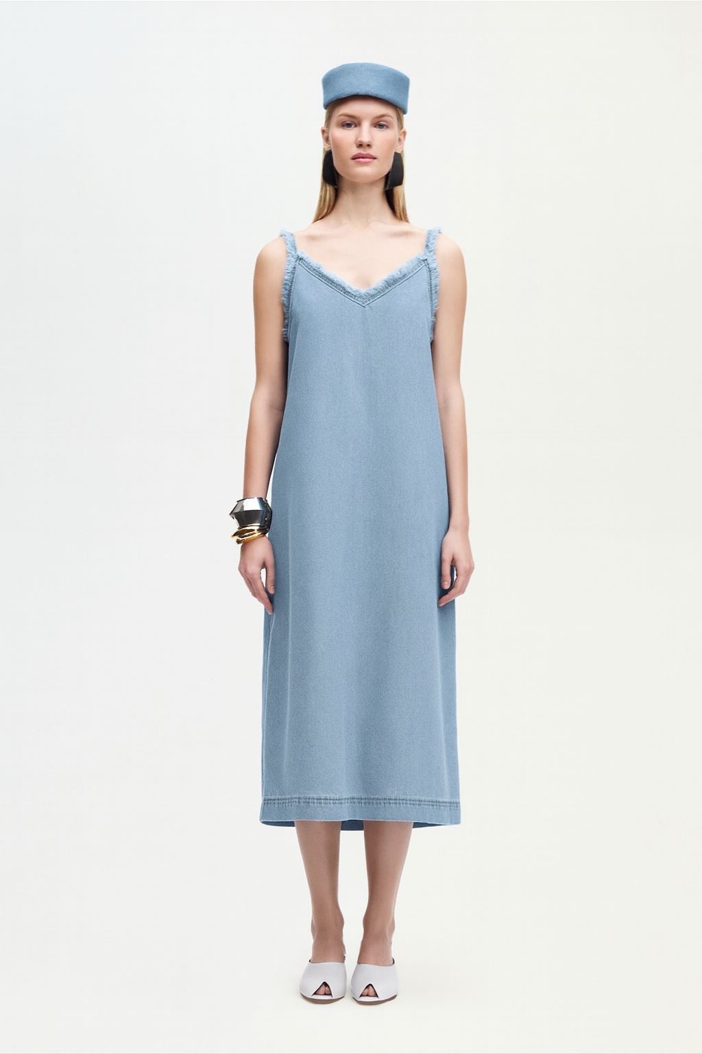 Açık Mavi Denim Askılı Elbise