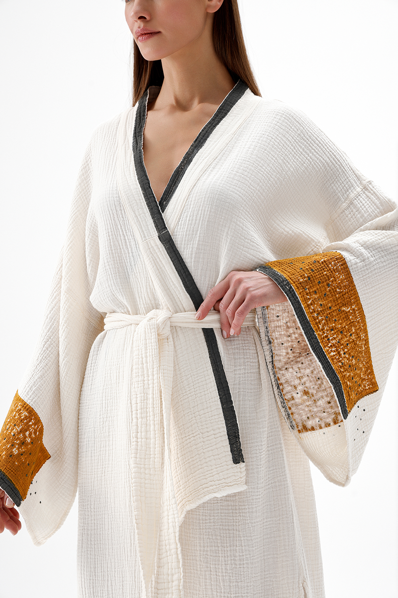 Crinkle Hardal Baskılı Kimono