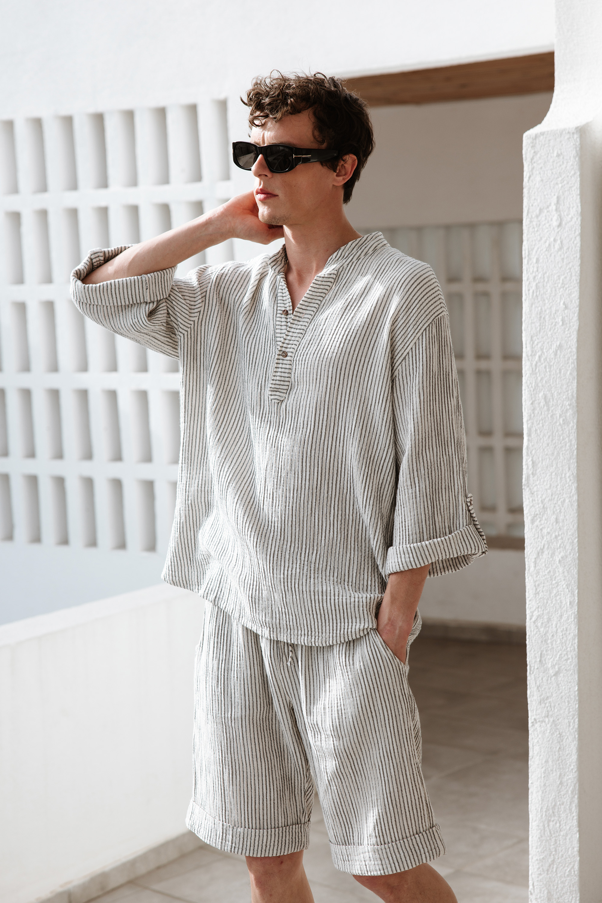 Crinkle Striped Linen Short