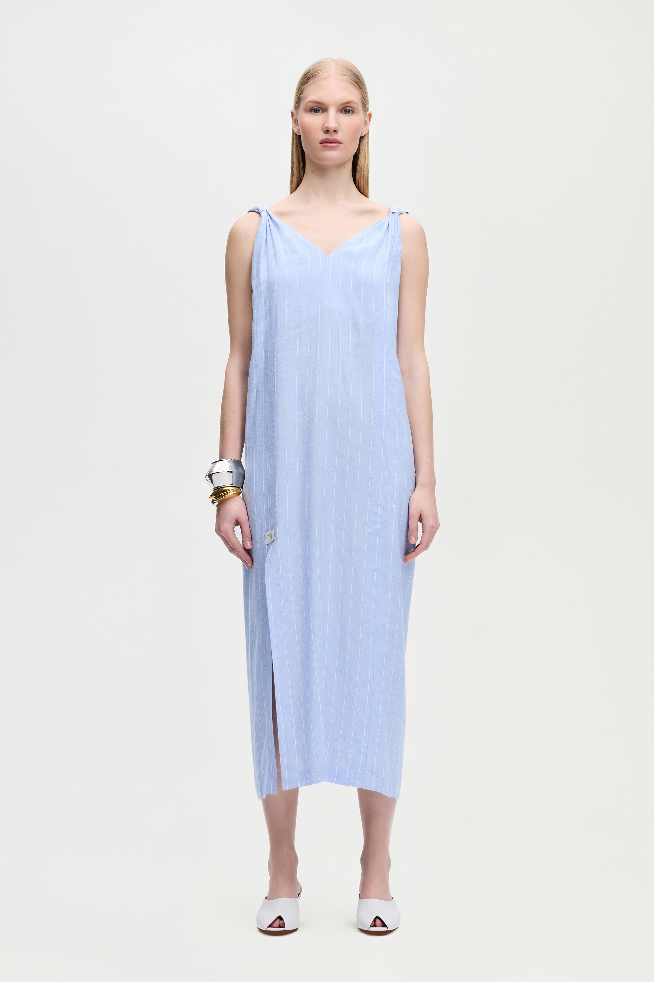 Keten Karışımlı Çizgili Elbise